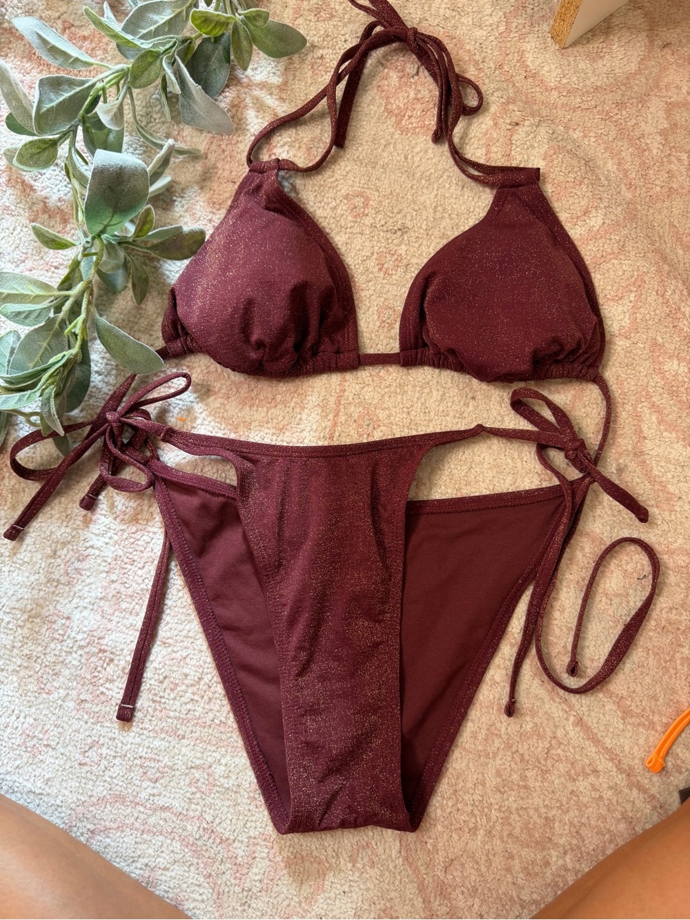 Wild Fable Burgundy Metallic Shimmer String Bikini Set M